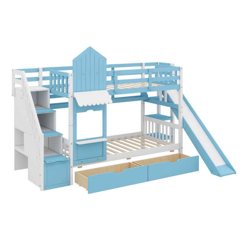 Castle-Inspired Bunk Bed, Wooden Bunk Bed With 2 Drawers & 3 Shelves, Comes With Slide And Storage Steps, Twin Over Twin
