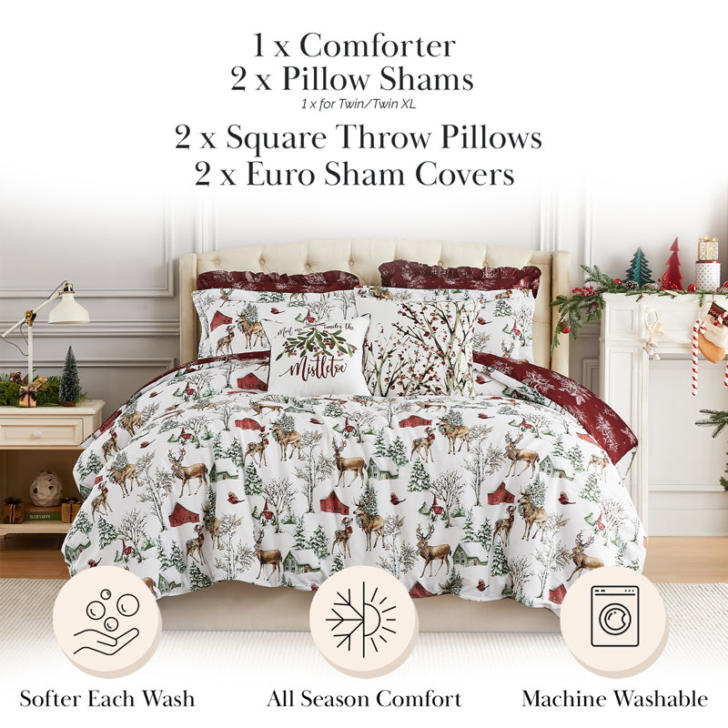 Southshore Fine Linens White Christmas Reversible Comforter Bedding Set, 5-Piece with 1 Comforter, 1 Standard Sham, 1 Euro Sham, 1 Throw Pillow and 1 Pillow Cover, Twin/Twin XL
