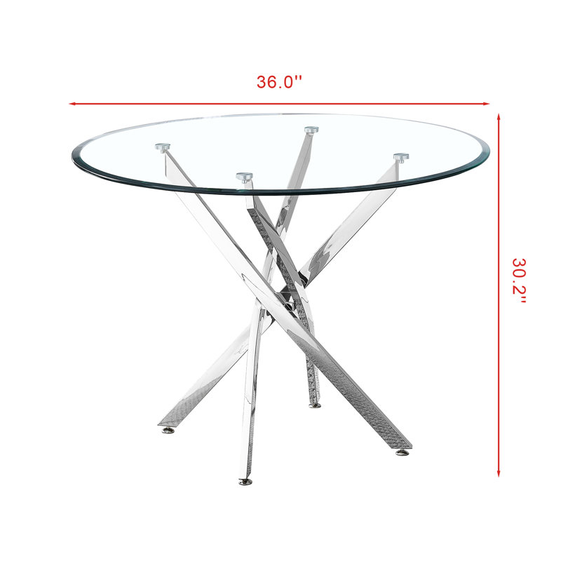 Table de salle à manger ronde en verre trempé transparent avec pieds et supports à finition argent angulaire, diamètre de 36 pouces, conception équilibrée de durabilité à long terme, 30,1 de haut, utilisation durable