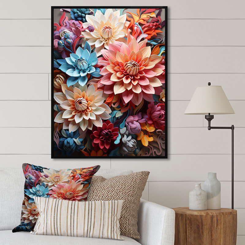 «Mums Intertwine Burst Of Color I», reproduction sur toile, Cadre flottant blanc, H 44 po x l 34 po