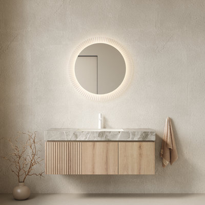 Meuble-lavabo de salle de bain 48 po MURI, armoire de rangement en contreplaqué flottant avec tiroir et portes, comptoir en pierre frittée gris clair et lavabo en céramique avec 1 trou de robinet pré-percé, pré-assemblé, grain de bois de chêne blanc - céramique, pierre frittée - ensemble 2 pièces