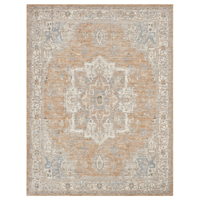 Tapis d'intérieur Vladilen Rose/Ivoire à médaillon transitionnel performant, 6 pi x 9 pi