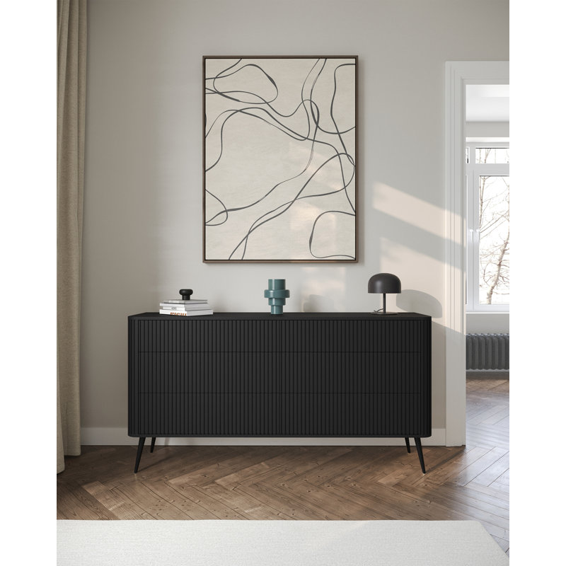 Chest of Drawers with Fluted Fronts and Six Drawers, Black