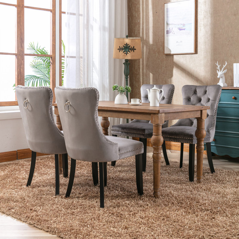 Chaises capitonnées Allena , Noir, Velours gris, 2