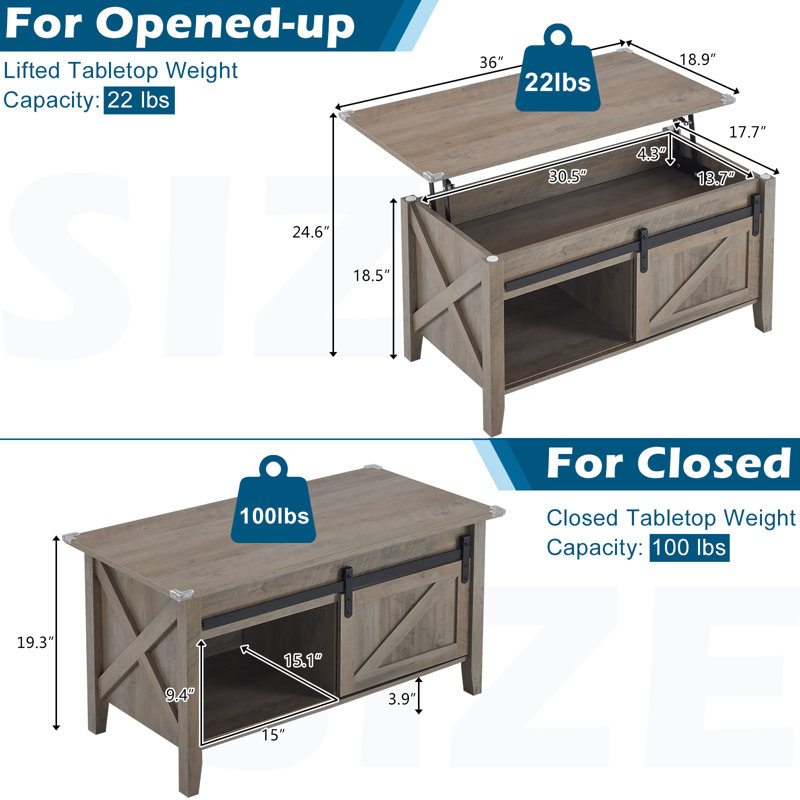 Table basse avec plateau relevable et rangement, Bois brun, Brun