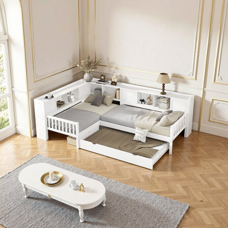 Lit plateforme simple en L en bois massif avec lit gigogne et rangement, Blanc