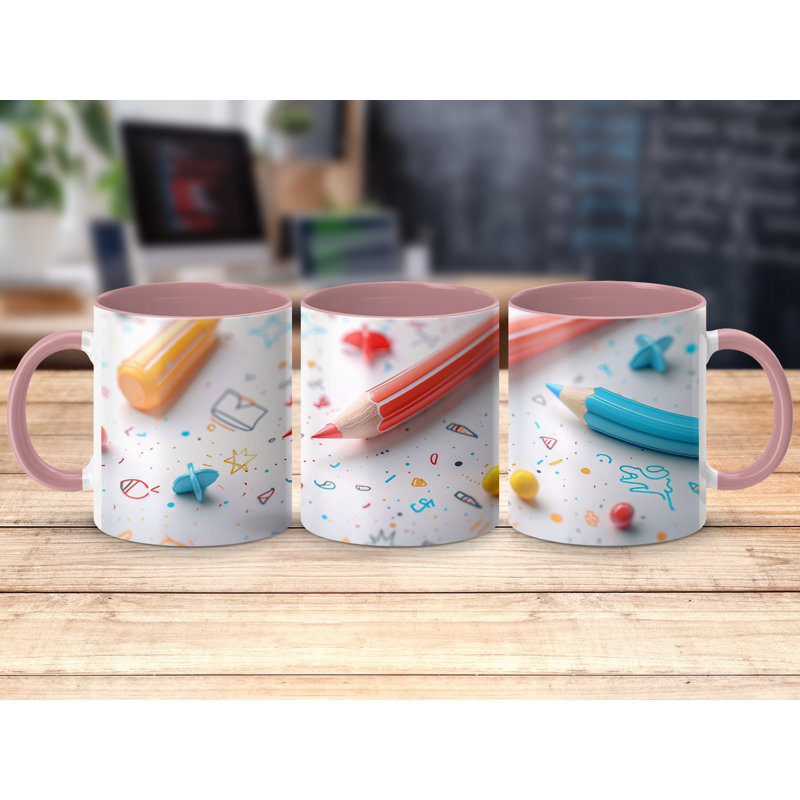 Kids Drawing Style 11oz Accent Mugs – Ceramic Coffee Cup with a Pink Handle and Interior