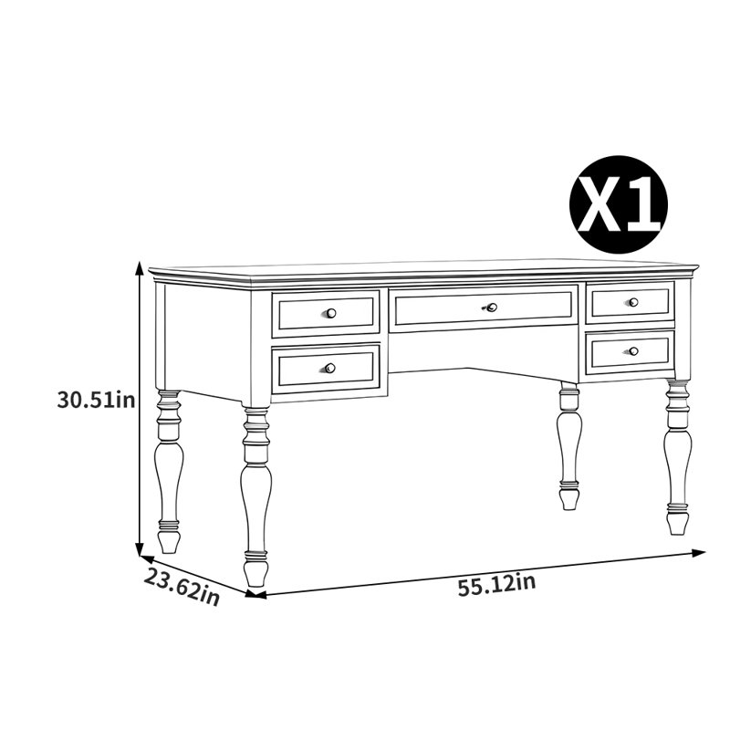 Bureau American style rétro, H 30,51 po x l 55,12 po x P 23,62 po