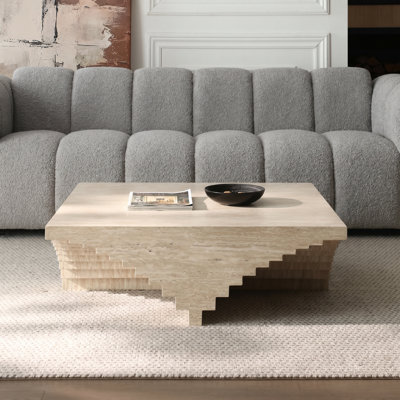 Table basse carrée géométrique minimaliste à niveaux, structure en MDF avec placage à motif de travertin, entièrement assemblée, 90 cm × 90 cm × 30 cm pour salon