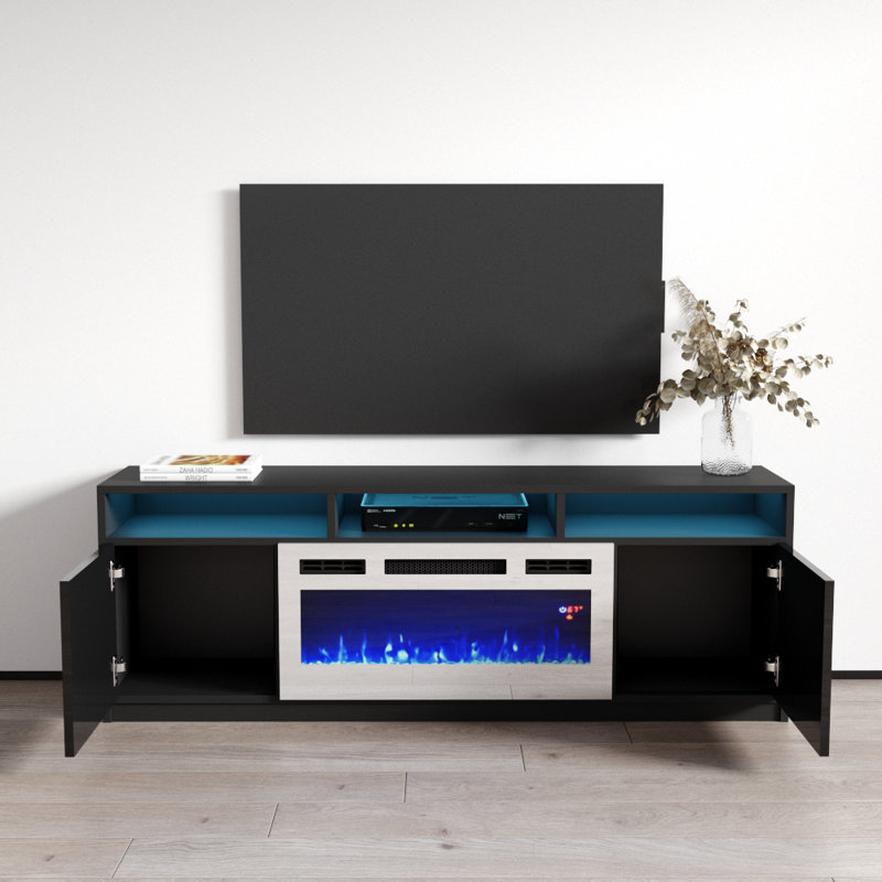 Anirudh 63" Modern TV Stand with Electric Fireplace, High Gloss Finish, Media Storage, Black