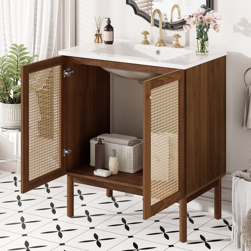Meuble-lavabo de 30 pouces, armoire en panneau de fibres à densité moyenne, portes en bambou tissées à la main, conception à fermeture en douceur | Idée de cadeau
