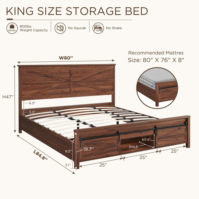 Argana Farmhouse Wood Bed Frame with Sliding Barn Door Storage Cabinets and Headboard