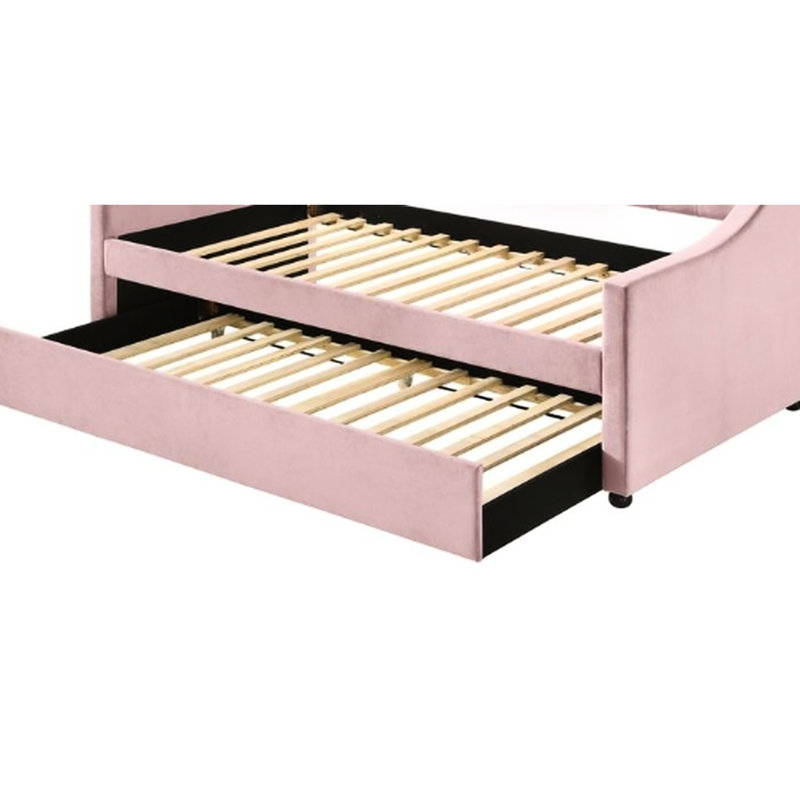Lit double en velours rose avec lit gigogne - Revêtement en tissu, pattes en bois, design moderne et élégant