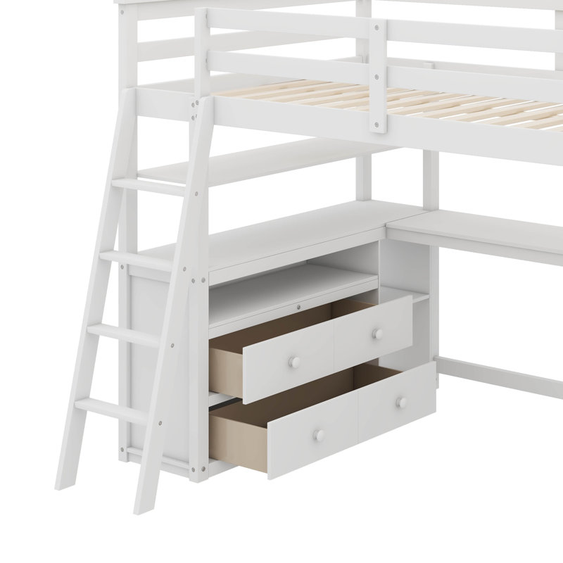 Lit mezzanine double avec tablettes de bureau intégrées et 2 tiroirs intégrés, Blanc