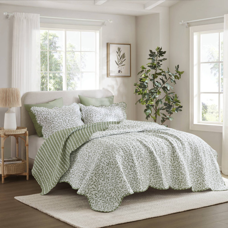 Ensemble de courtepointe à imprimé 3 pièces Darcy, Vert sauge / floral, Courtepointe pour grand lit + 2 taies décoratives