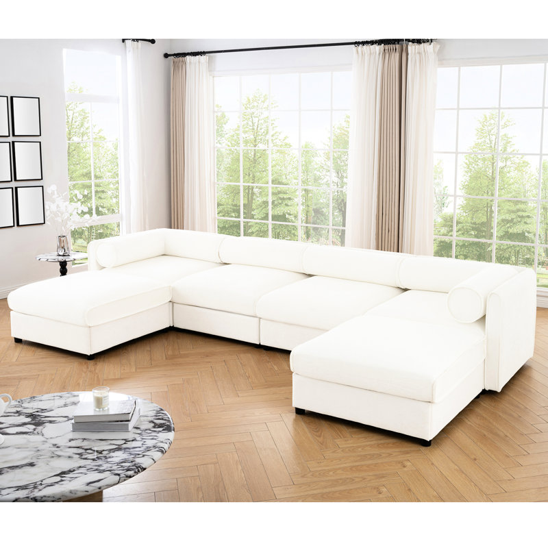 Canapé modulaire de luxe avec rangement en chenille - blanc, très grand en forme de U, cylindrique pour l'élégance et le confort chenille blanche, modulaire, assise profonde