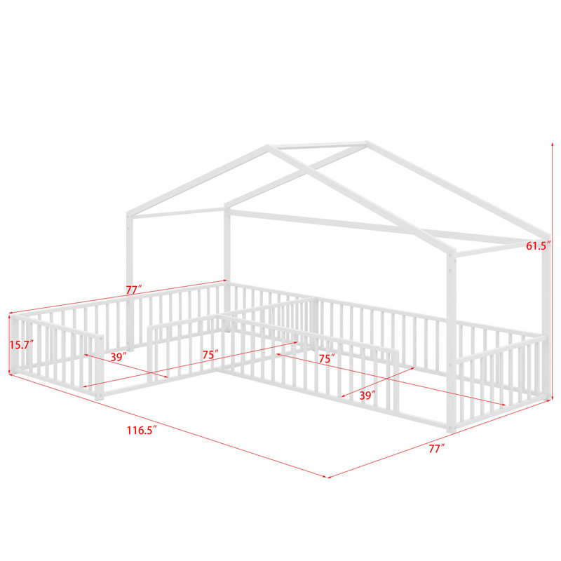 Lit double en L Montessori, structure de maison d'angle avec clôture, Blanc