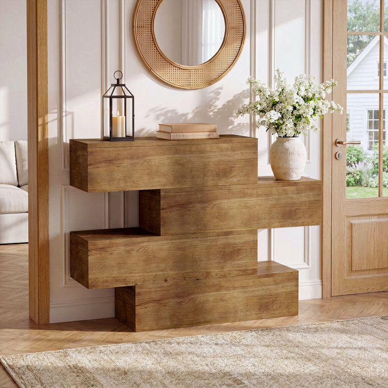 Console de 43,3 po en bois massif asymétrique, 31,5 po de hauteur, table de hall d'entrée ouverte à niveaux, canapé-lit flottant rustique, table d'appoint industrielle pour le salon