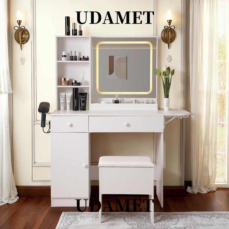 Coiffeuse moderne avec miroir à DEL, tiroirs de rangement, station de charge, tablettes réglables