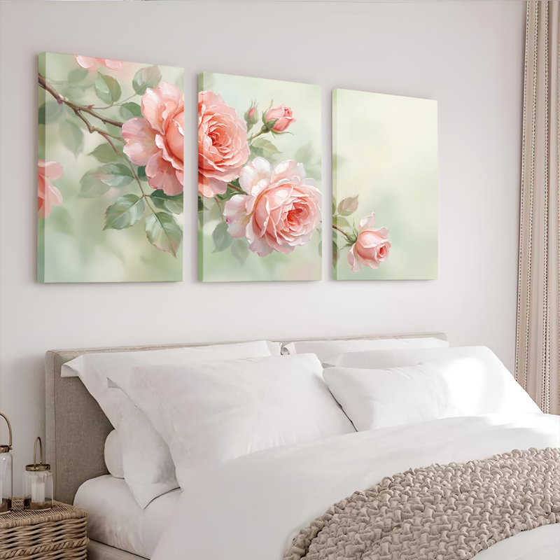Ensemble de 3 tableaux muraux sur toile à motifs floraux de roses roses, pour la décoration du salon et de la chambre.