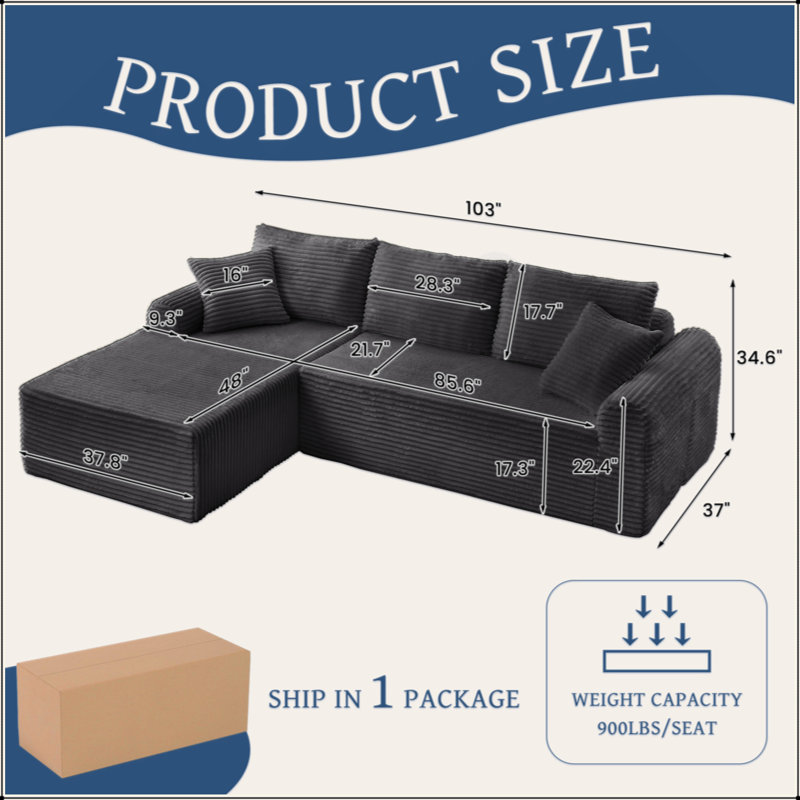 Ensemble de chaise longue à compression complète - Canapé modulaire en velours côtelé avec accoudoirs arqués, base antidérapante, comprend 3 coussins de dossier et 2 coussins décoratifs, canapé de chaise longue droite