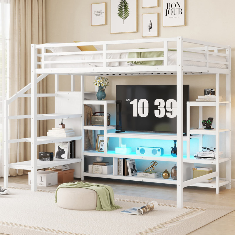 Lit mezzanine double en métal avec meuble télé et rangement Mielo, Blanc