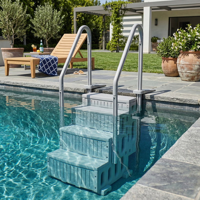 Échelle de piscine robuste à 4 marches en plastique, pour piscines creusées et hors sol, gris foncé., Gris foncé