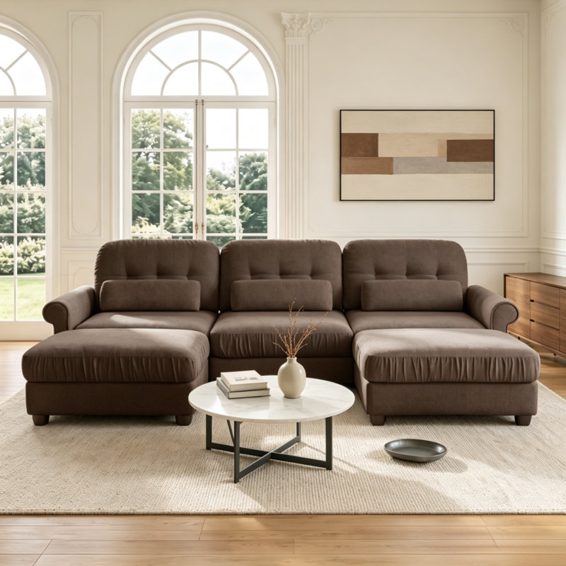 Canapé d'angle modulaire en chenille marron de 250 cm (98 po) en forme de U avec 2 poufs et coussins lombaires, Chenille brun