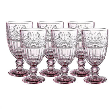 6 Pack Pink Glassware Drinking, 12oz Highball Embossed Beverage Glass Cup, Vintage Drinking Glasses, Colored Water Glasses for Party Wedding Home
