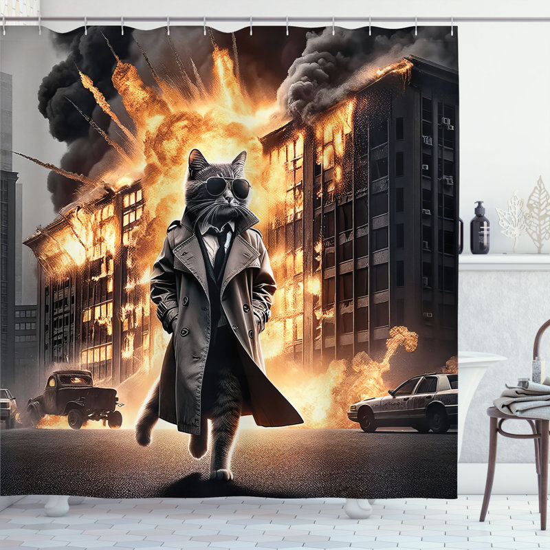 Cinematic Cat Agent Pale Orange and Dark Grey Fabric Shower Curtain