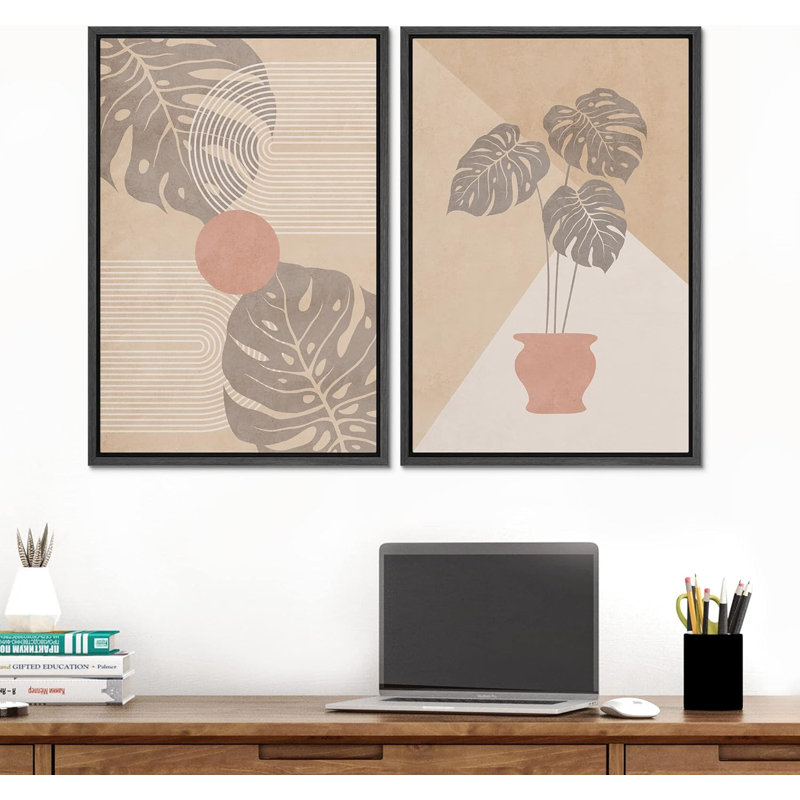 «Tropical Jungle Monstera Leaves and Polygons», ensemble de 2 reproductions sur toile flottantes, Noir, H 24 po x l 16 po