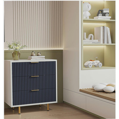 Commode à 3 tiroirs pour la chambre à coucher, table de chevet moderne cannelée avec tiroirs profonds, commode à large plateau, organisateur de commode en bois, table d'appoint pour le salon, couloir, chambre d'enfant blanc et bleu marine