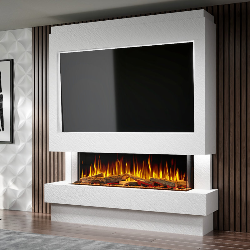 Evolution Fires Pre-Built Media Wall Package 10, finished in textured Venetian Plaster, includes Advance Series 1300 3-Sided Electric Fireplace