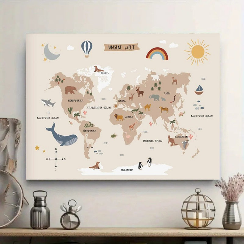 Art pour enfants, carte du monde animal, prêt à être accroché - chambre d'enfant
