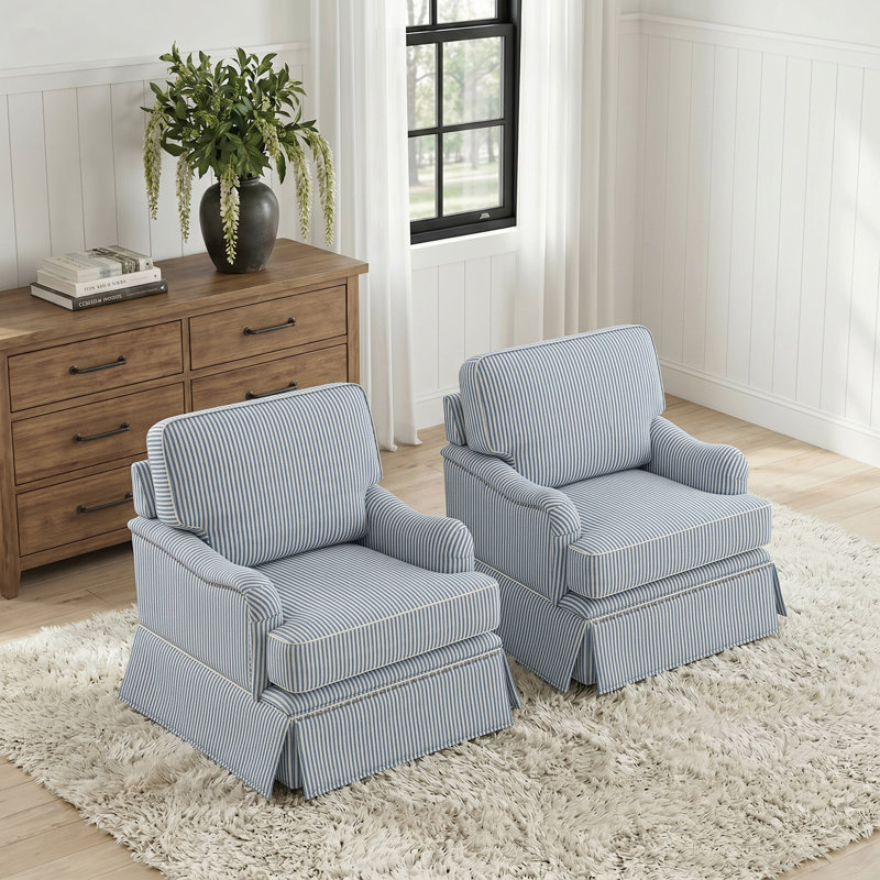 Upholstered Skirted Swivel Accent Chair (Set of 2), Pinstripe Blue Cotton Blend, No, 2