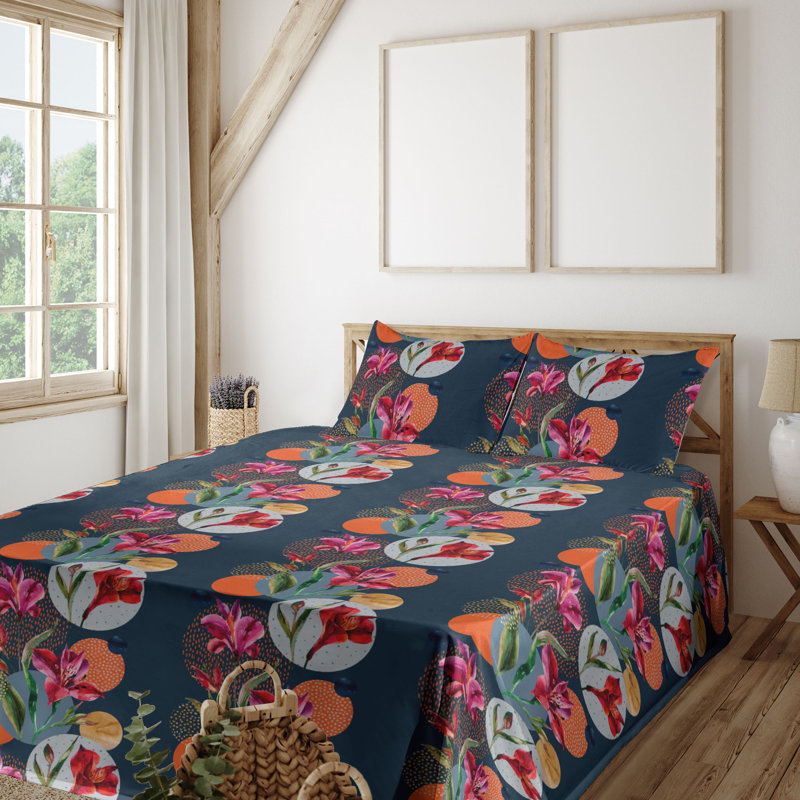 Ambesonne Watercolor Botany Sheet Set 4 Pcs Retro Boho Bloom, Vermilion Multicolor Floral, Full Sheet Set with 2 Pillowcases