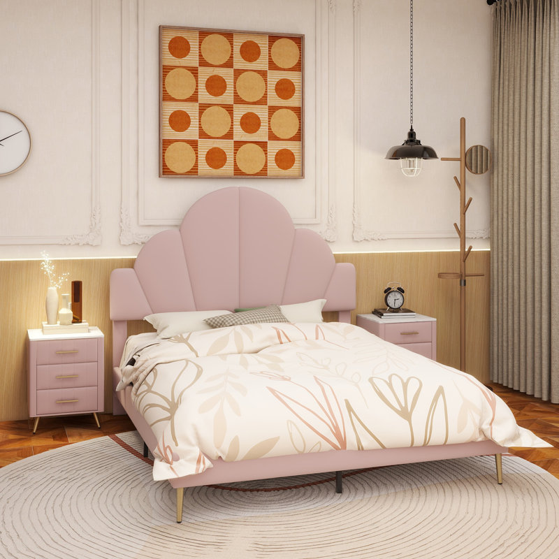 Ensemble de chambre à coucher 3 pièces, cadre de lit tapissier en velours moderne avec tête de lit pétale, tables de chevet 3 tiroirs