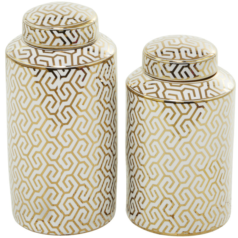 Ceramic Decorative Jars with White Floral Patterns Set, Gold