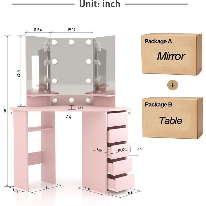 Oryon 56"x44" Corner Makeup Vanity with Lights, Vanity Desk with Mirror,10 LED Lights,5 Drawers, Pink