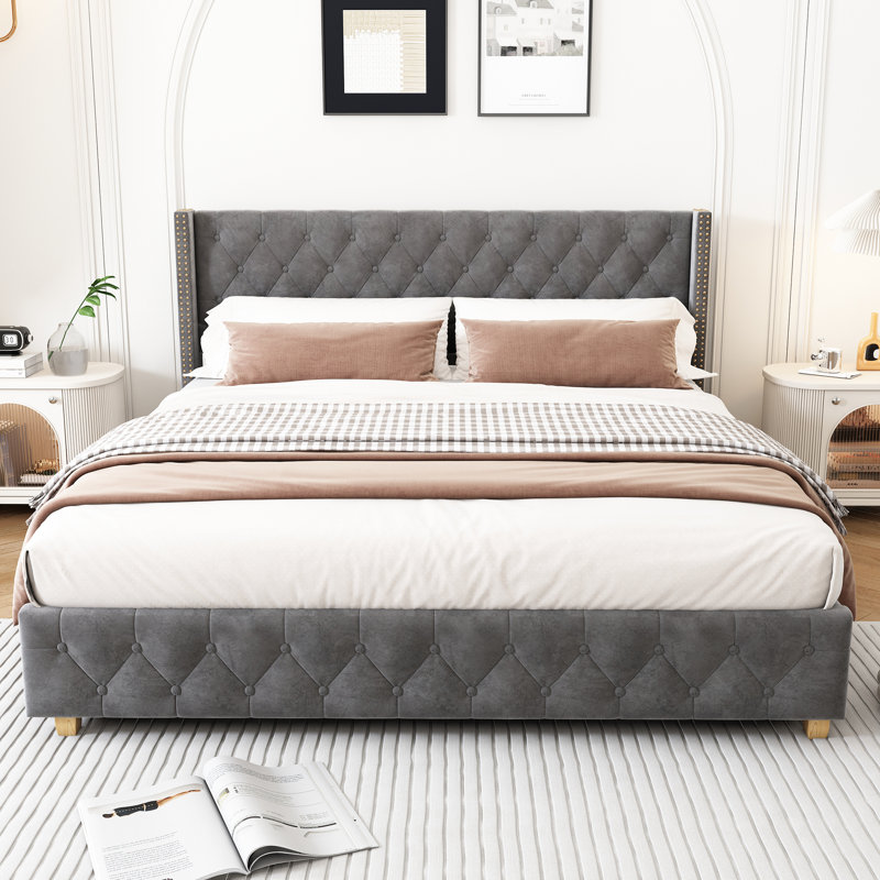 Doiron Upholstered Bed, Double (4'6), Grey