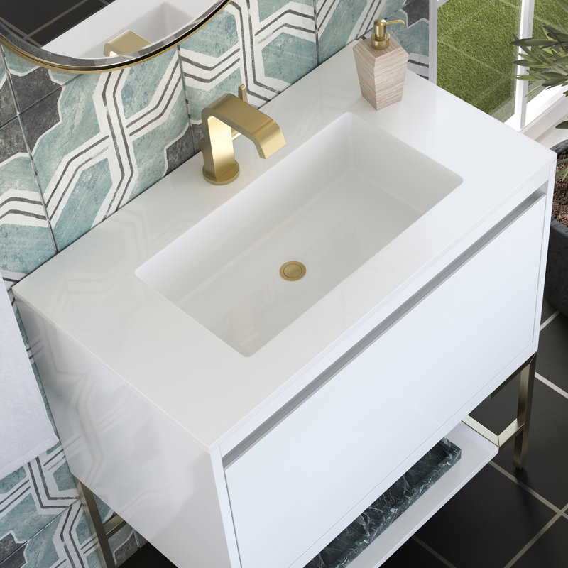 Mantova 31.5'' W Single Vanity, Glossy White/Champagne Brass, Charcoal Black