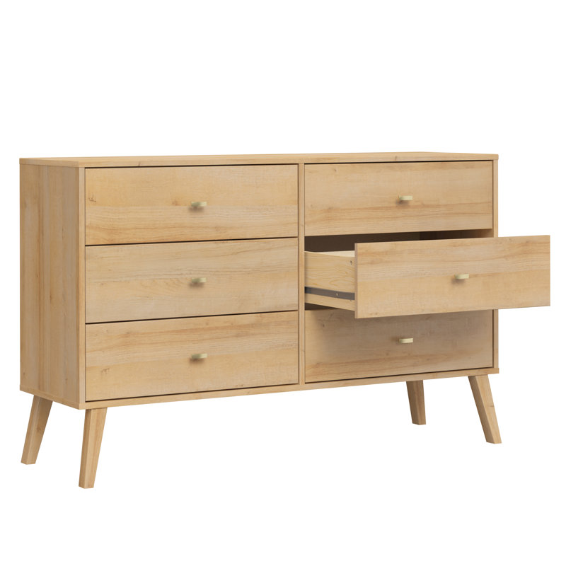 Breux Mid-Century Modern 6-Drawer Double Dresser for Bedroom, Wide Chest of Drawers, Contemporary Bedroom Furniture, 16.75" D x 52.50" W x 33" H, Oak