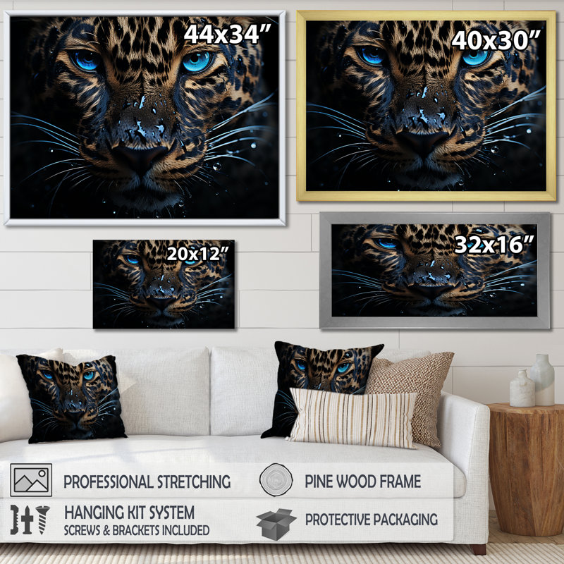 Leopard Nocturnal Souverain Nightime Blues I - art mural léopard pour le salon, Toile tendue, H 34 po x l 44 po x P 1,5 po