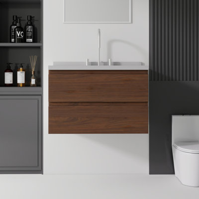 Meuble-lavabo flottant 30 po avec lavabo, porte à fermeture en douceur, comptoir et dosseret en marbre de granite blanc de 2 po, contreplaqué, brun