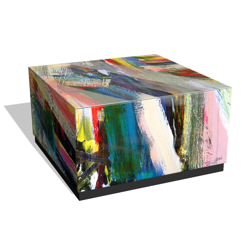 Abstract Multicolor Glass and Wood Cocktail Table