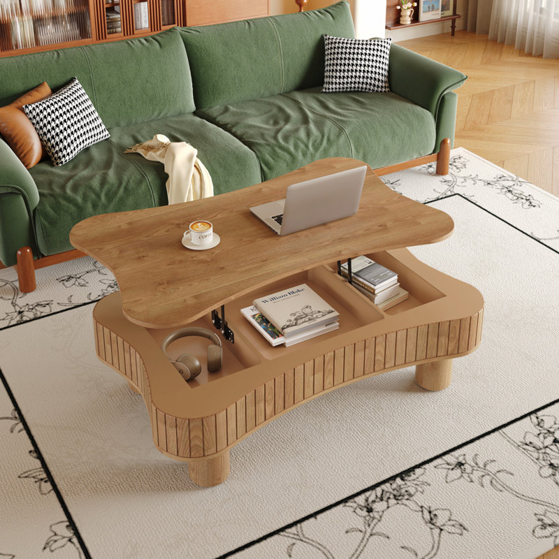 Table basse à plateau relevable pour salon avec rangement caché, Marron clair