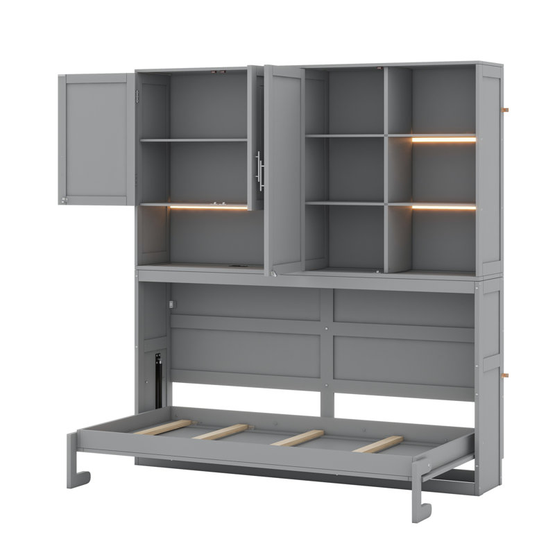 Lit escamotable mural avec armoire supérieure, tablettes, lit pliable peu encombrant avec éclairage et port USB, Gris