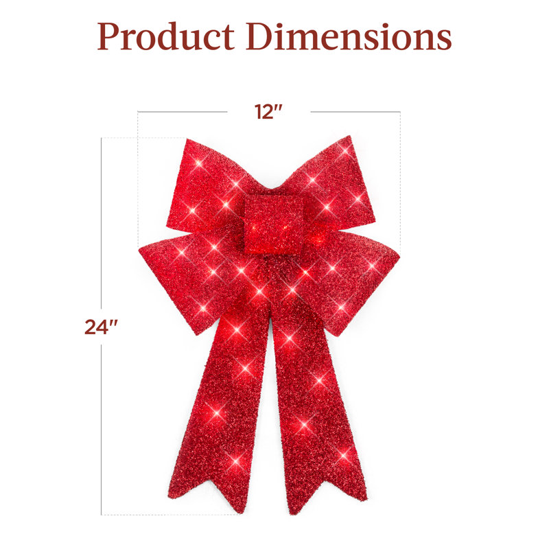 Set Of 3 Pre-Lit Christmas Bows, Indoor/Outdoor LED Holiday Decor W/ 8 Light Functions - Red