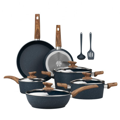 Kitchen Academy Pots and Pans Set Non Stick - 12 Piece Induction Kitchen Cookware Sets, Blue Granite Nonstick Cooking Pans Set
