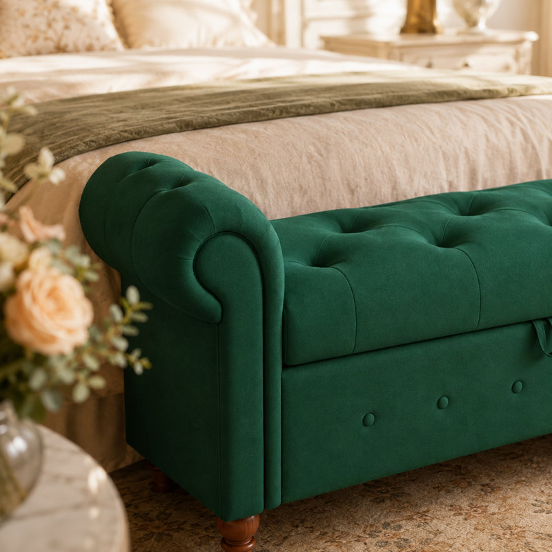 Banc de rangement rembourré de 63 po avec accoudoirs roulés Velnora, banc repose-pieds capitonné avec grand compartiment de rangement, pieds en bois massif, banc de chambre à coucher pour le salon, l'entrée, le couloir